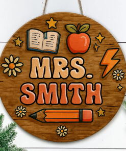 Custom 3D Teacher Door Sign – Personalized Classroom Decor - Custom Teacher Door Sign with Name with Apple, Pencil, Flowers