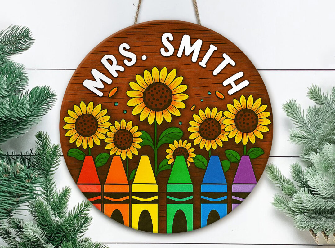 Personalized 3D Teacher Door Sign with Sunflowers & Crayons